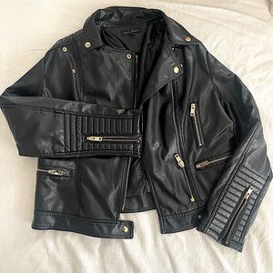 Black & gold faux leather bomber jacket